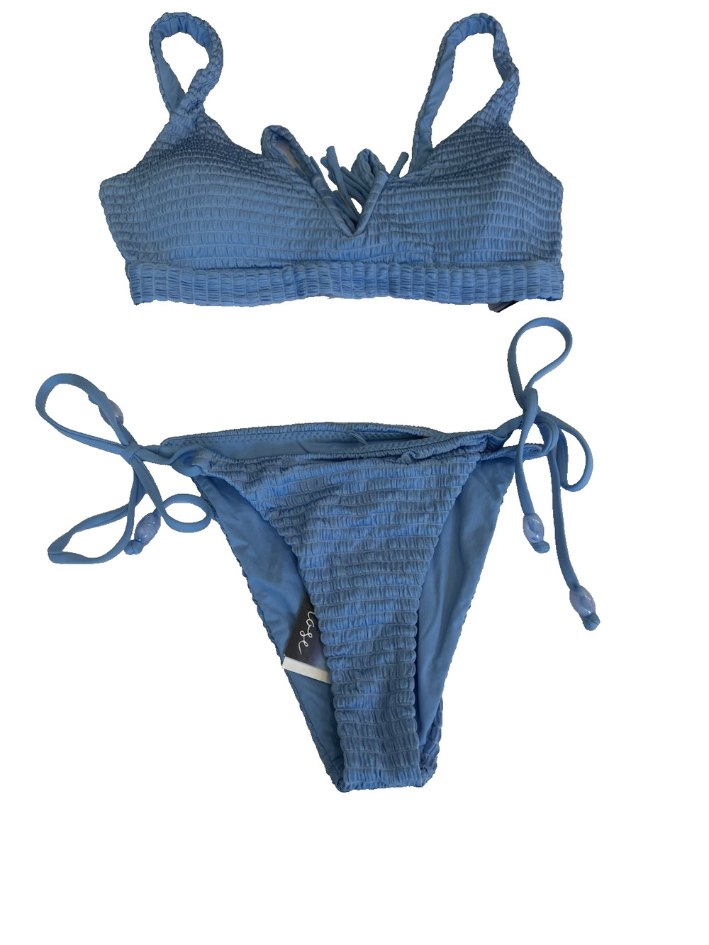 NWT Isabella Rose Textured Bikini Set M Provence Blue Shirred V Neck Swim tie